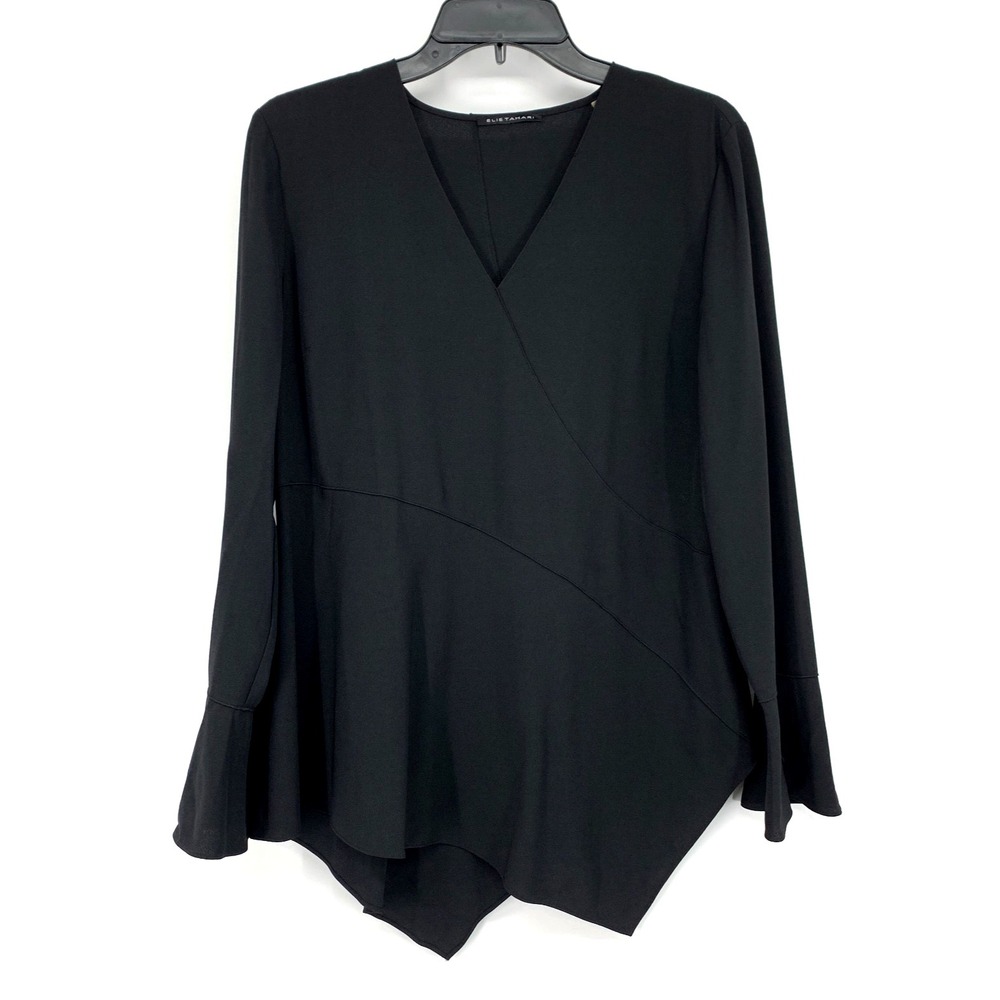 Elie Tahari Top Black V Neck Asymmetrical Bell Long Sleeve Womens Size Medium - Picture 2 of 13